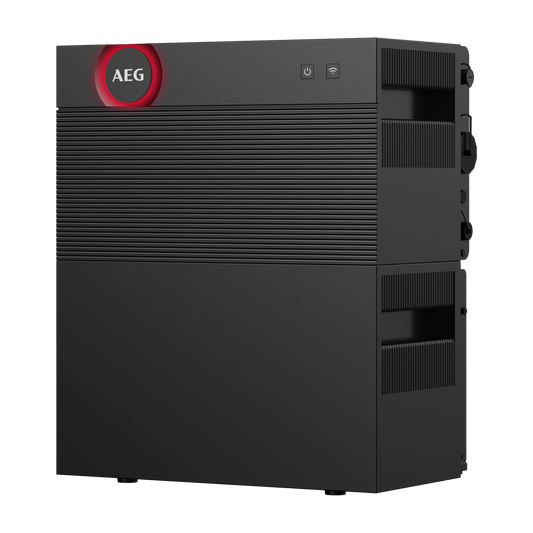 AEG Solarcube Pro 6 kWh - schuin vooraanzicht met gestapelde basisunit en batterijmodule