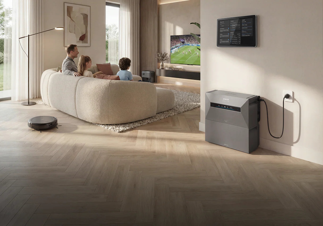 Anker SOLIX Solarbank Max AC 14 kWh in woonkamer plug & play aangesloten terwijl gezin TV kijkt