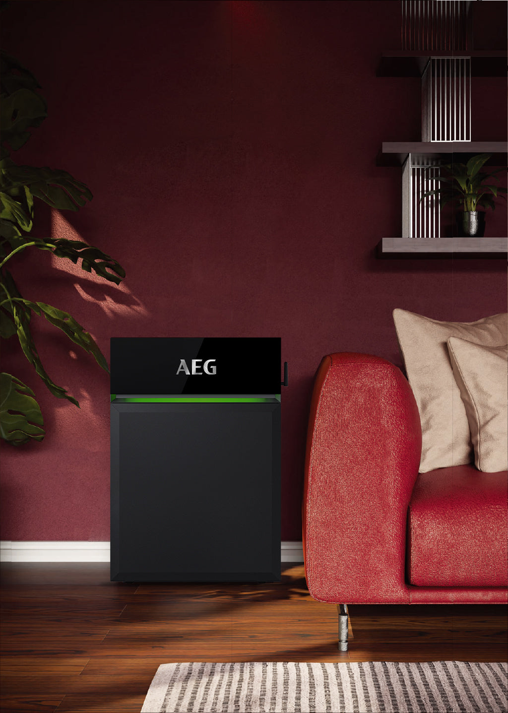 AEG Solarcube thuisbatterij naast de bank in de woonkamer