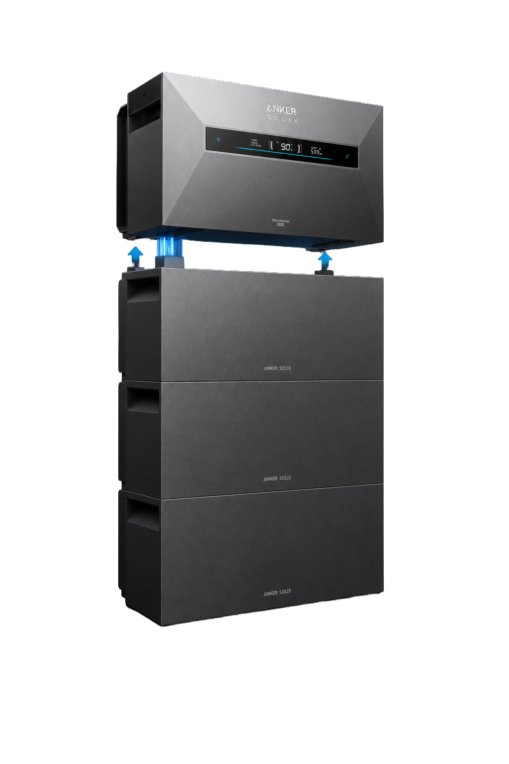 Anker SOLIX Solarbank Max AC opstelling met drie BP7000 uitbreidingsbatterijen, 28 kWh capaciteit