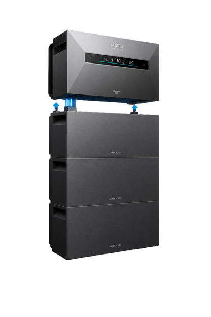 Anker SOLIX Solarbank Max AC opstelling met drie BP7000 uitbreidingsbatterijen, 28 kWh capaciteit
