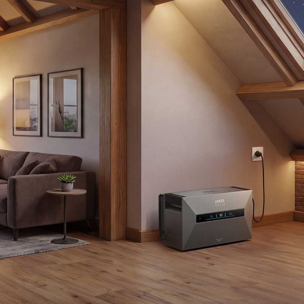 Anker Solarbank Max AC thuisbatterij in een woonkamer